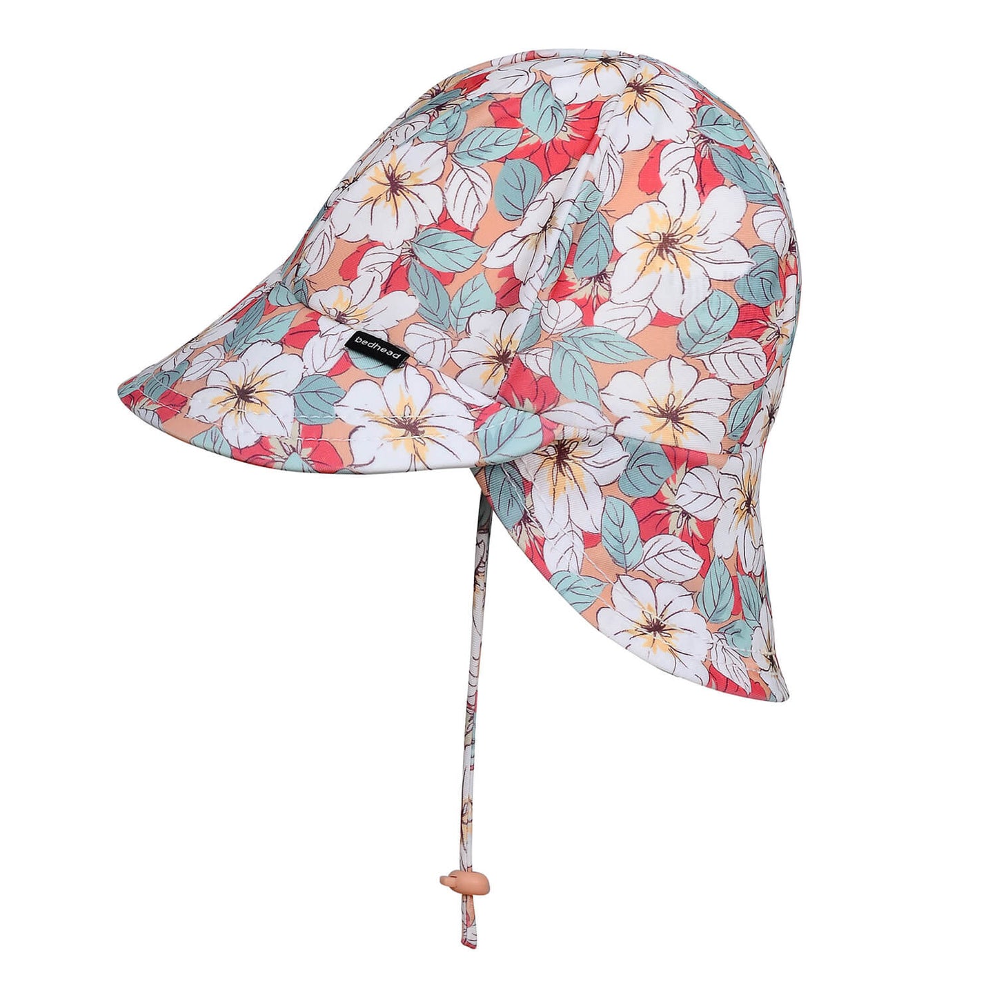 Floral patterned sun hat with a strap on a white background