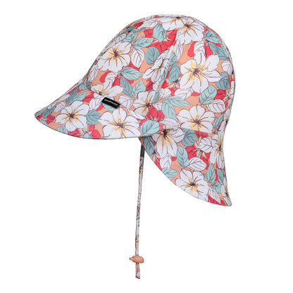 Floral patterned sun hat with a strap on a white background