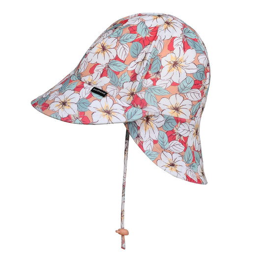 Floral patterned sun hat with a strap on a white background