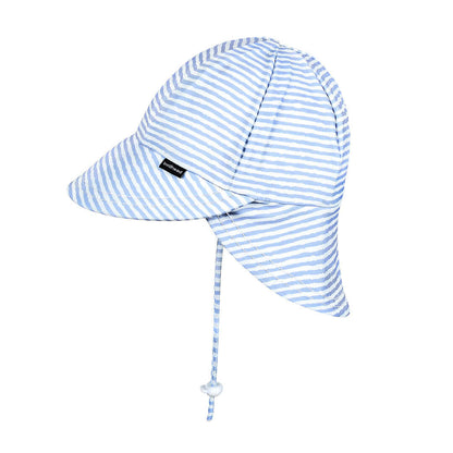 Blue and white striped sun hat with a chin strap on a white background
