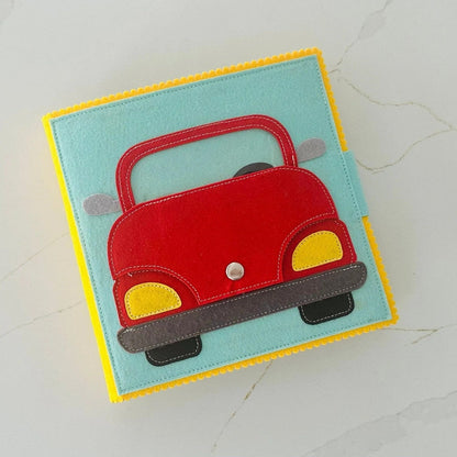 Red car design on a blue square background