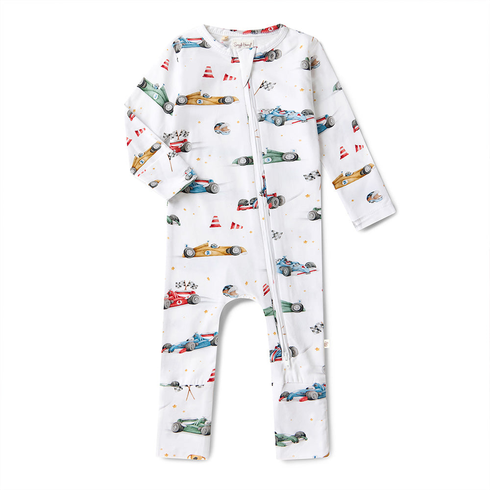 Children's onesie with car pattern on a white background