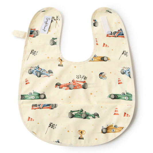 Baby bib with race car pattern on a white background