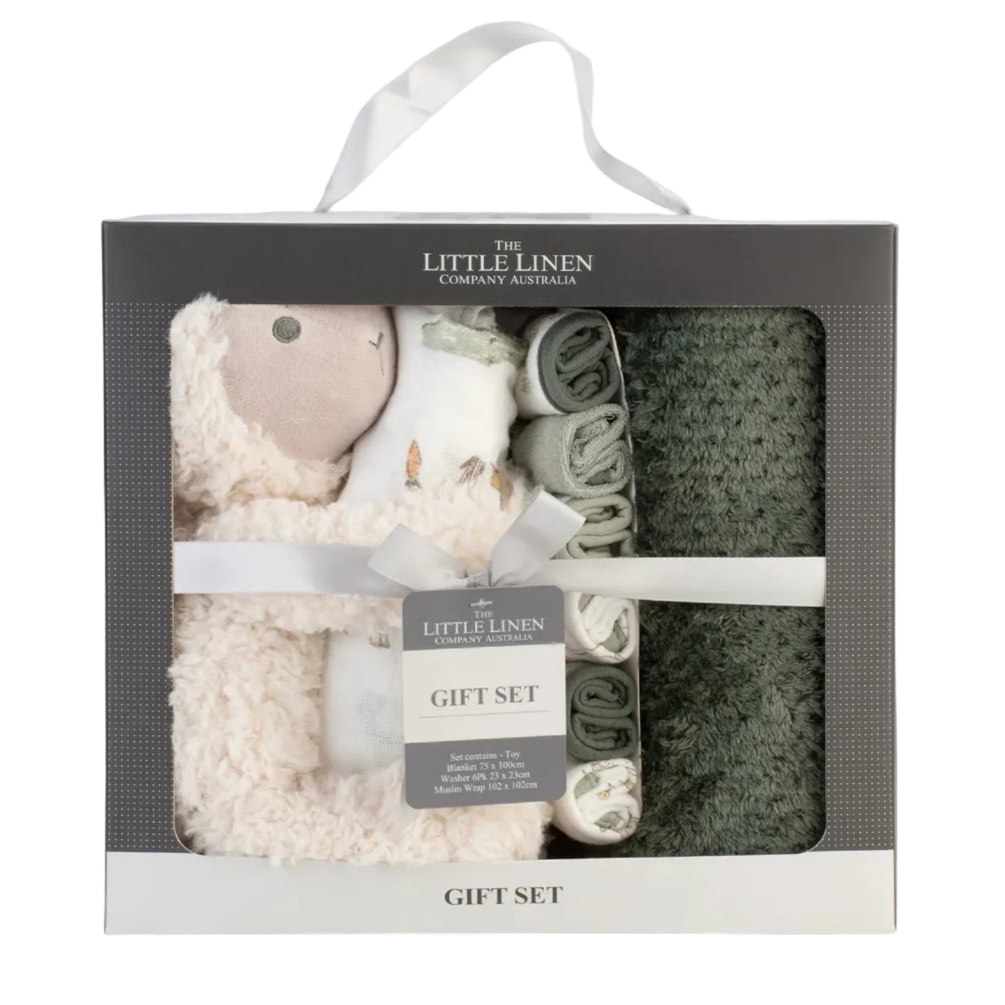 Gift set with plush toy, baby blanket, and other items in a branded box on a white background.