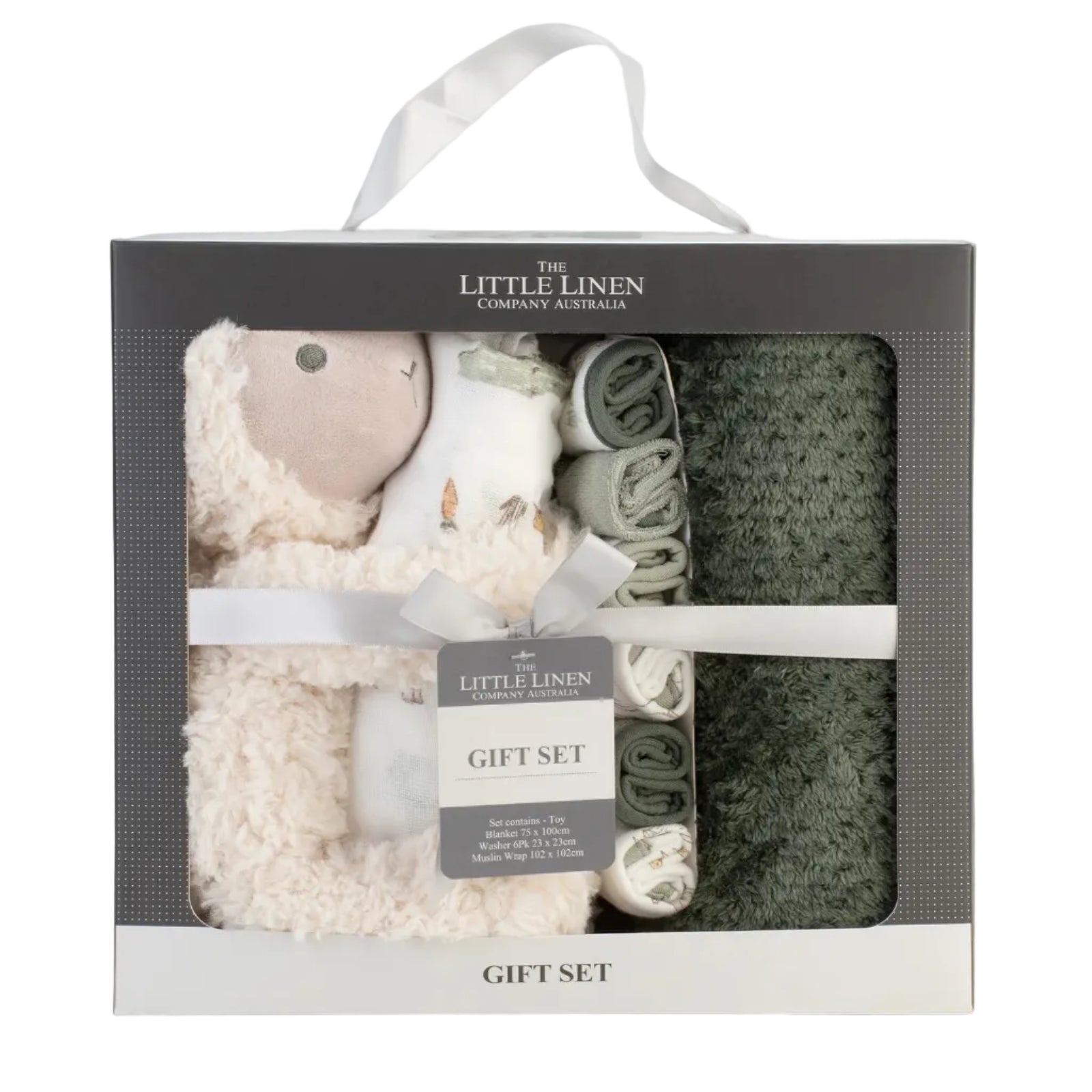 Gift set with plush toy, baby blanket, and other items in a branded box on a white background.