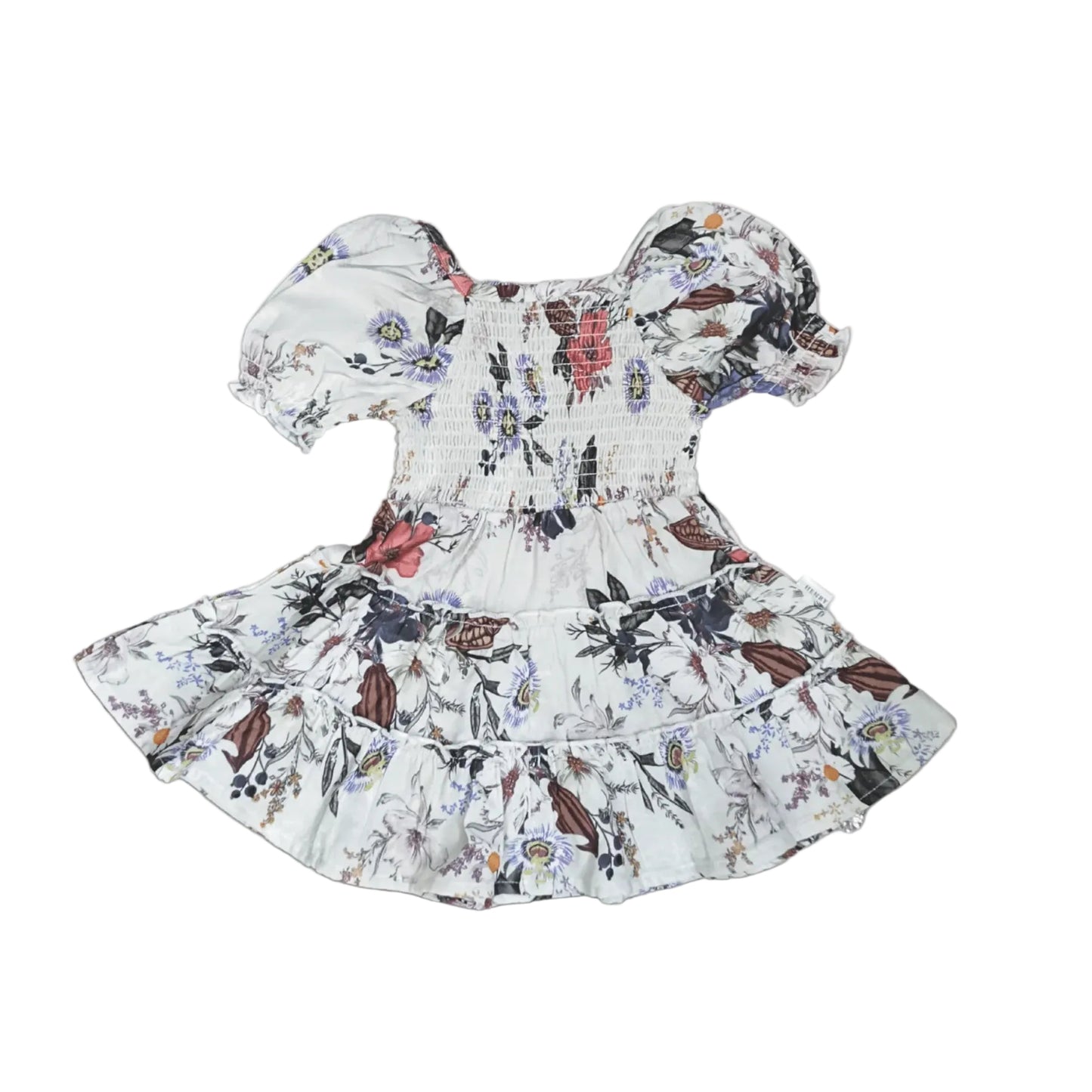A baby girl's smocked dress with puff sleeves and a ruffled hem, featuring a white base with a colorful floral and butterfly pattern, shown on a light gray background.