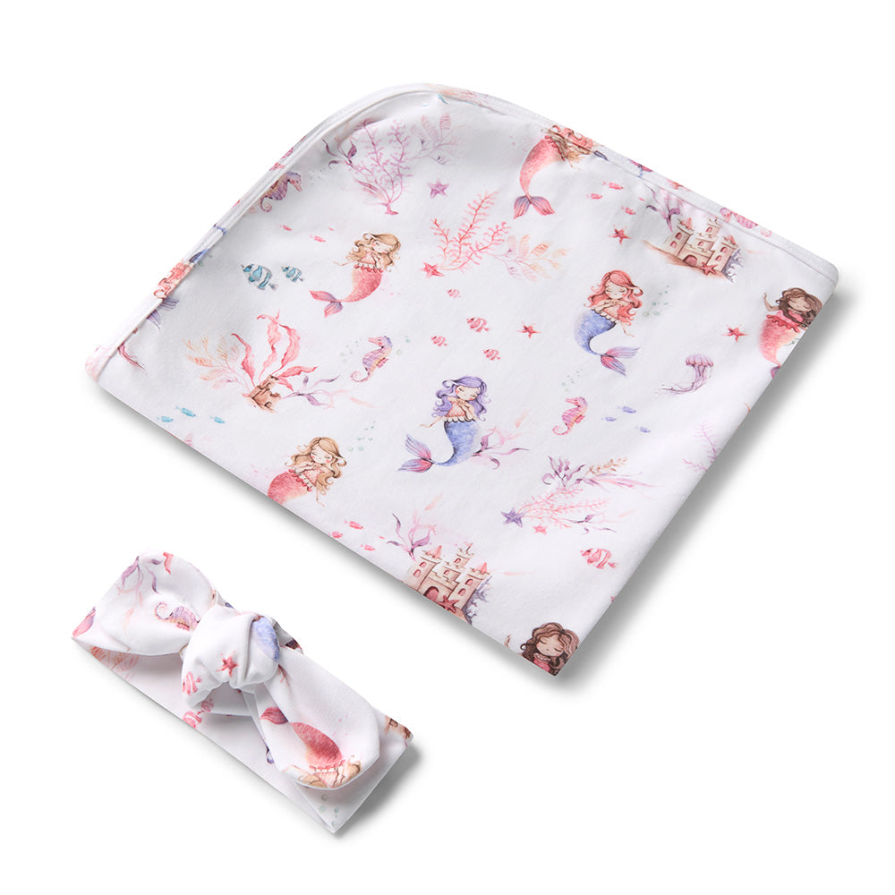 Snuggle Hunny Jersey Wrap and Headband Set - Mermaid