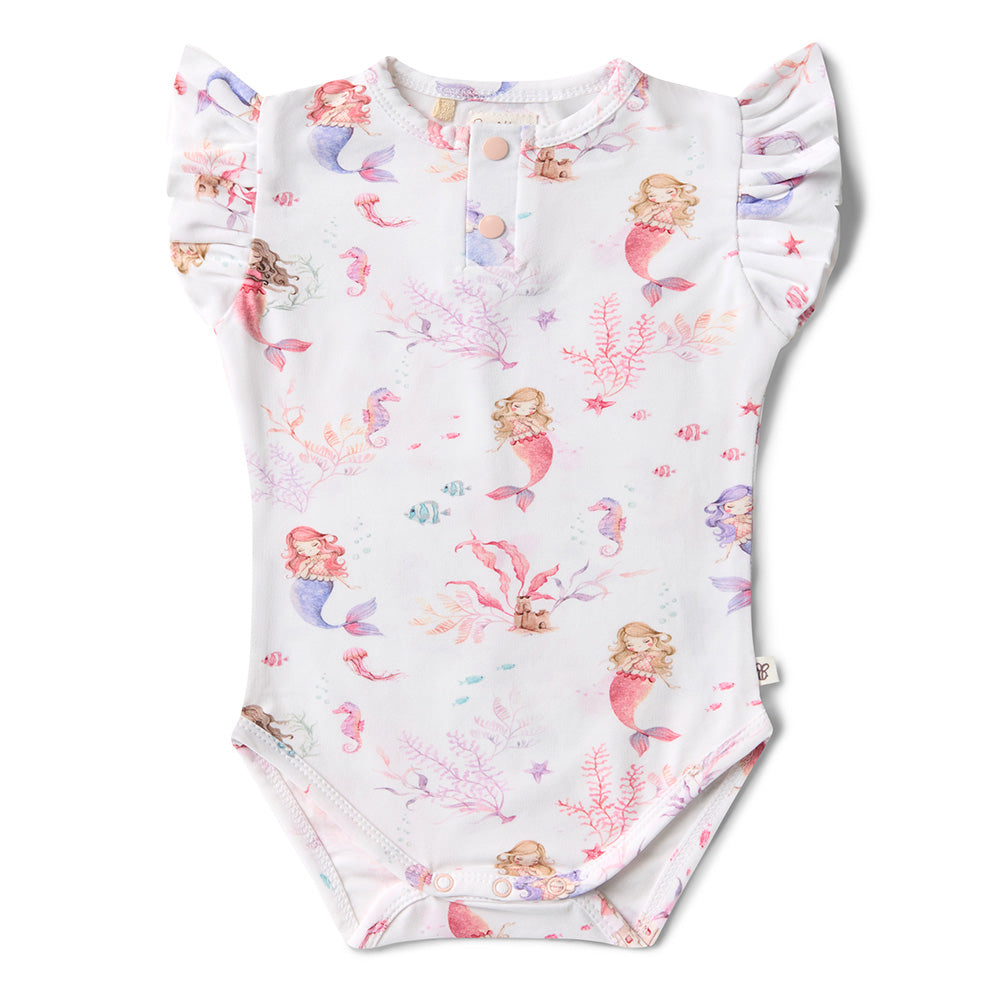 Baby onesie with mermaid pattern on a white background