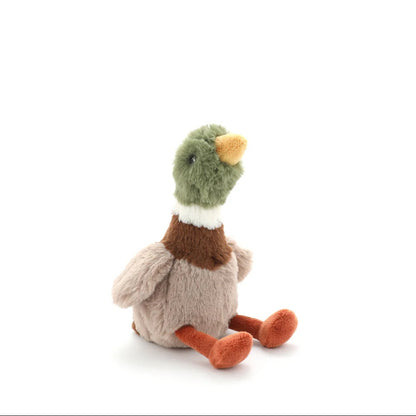 Plush toy duck with a green head and brown body on a white background