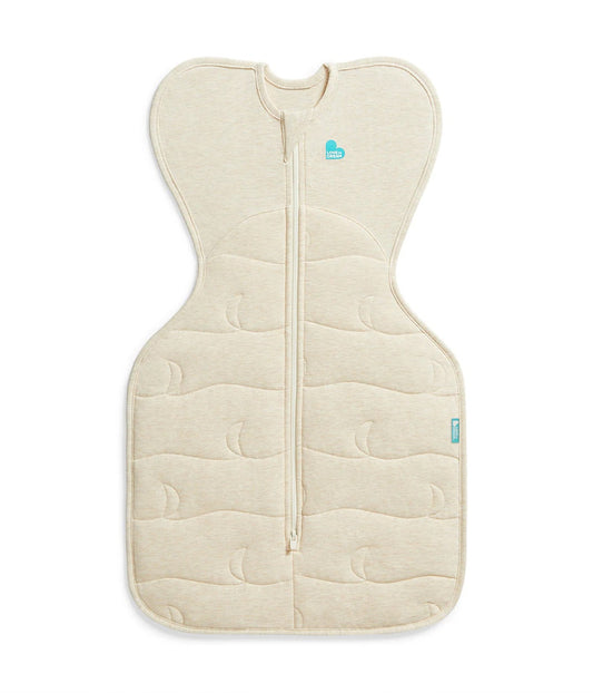 Beige baby sleeping bag with a zipper on a white background