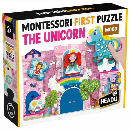 Montessori first puzzle packaging featuring a unicorn design on a white background