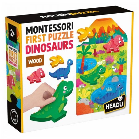Montessori first puzzle dinosaurs packaging with colorful illustrations and 'HEADU' branding.