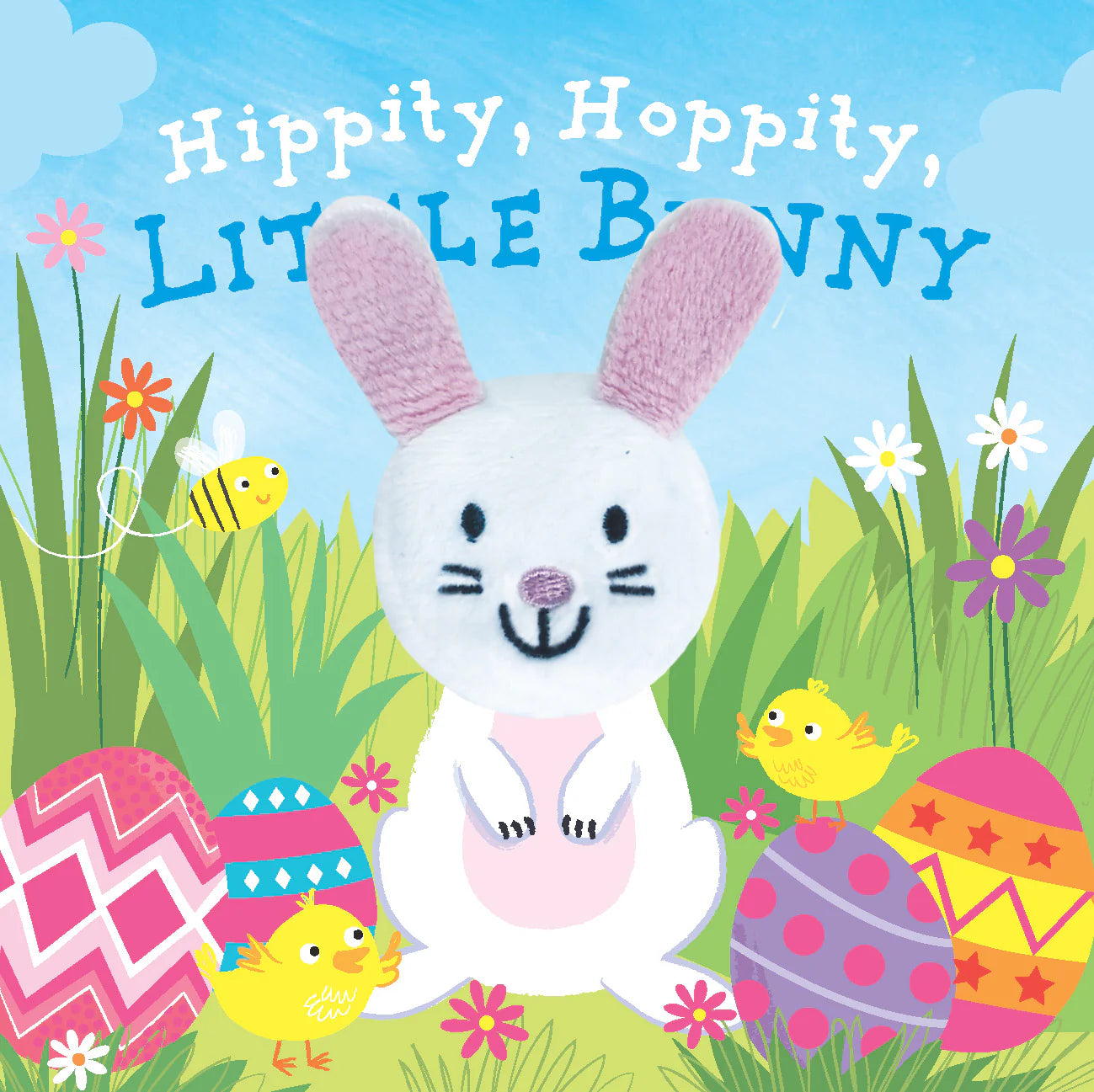 Book cover of 'Hippity, Hoppity, Little Bunny' with a cartoon bunny and Easter eggs in a grassy field.
