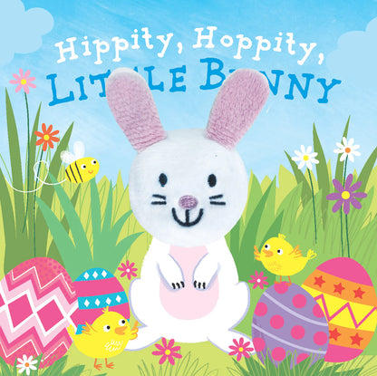 Book cover of 'Hippity, Hoppity, Little Bunny' with a cartoon bunny and Easter eggs in a grassy field.