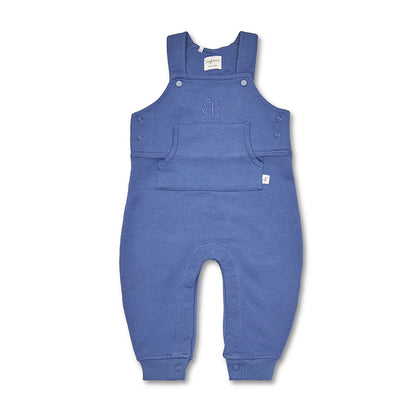 Blue baby overalls with a brand logo on a white background