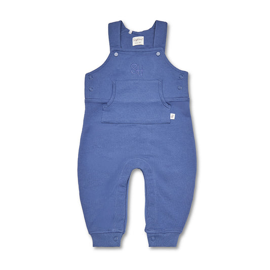 Blue baby overalls with a brand logo on a white background
