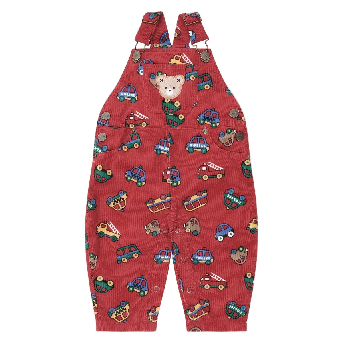Red children's overalls with vehicle pattern on a beige background