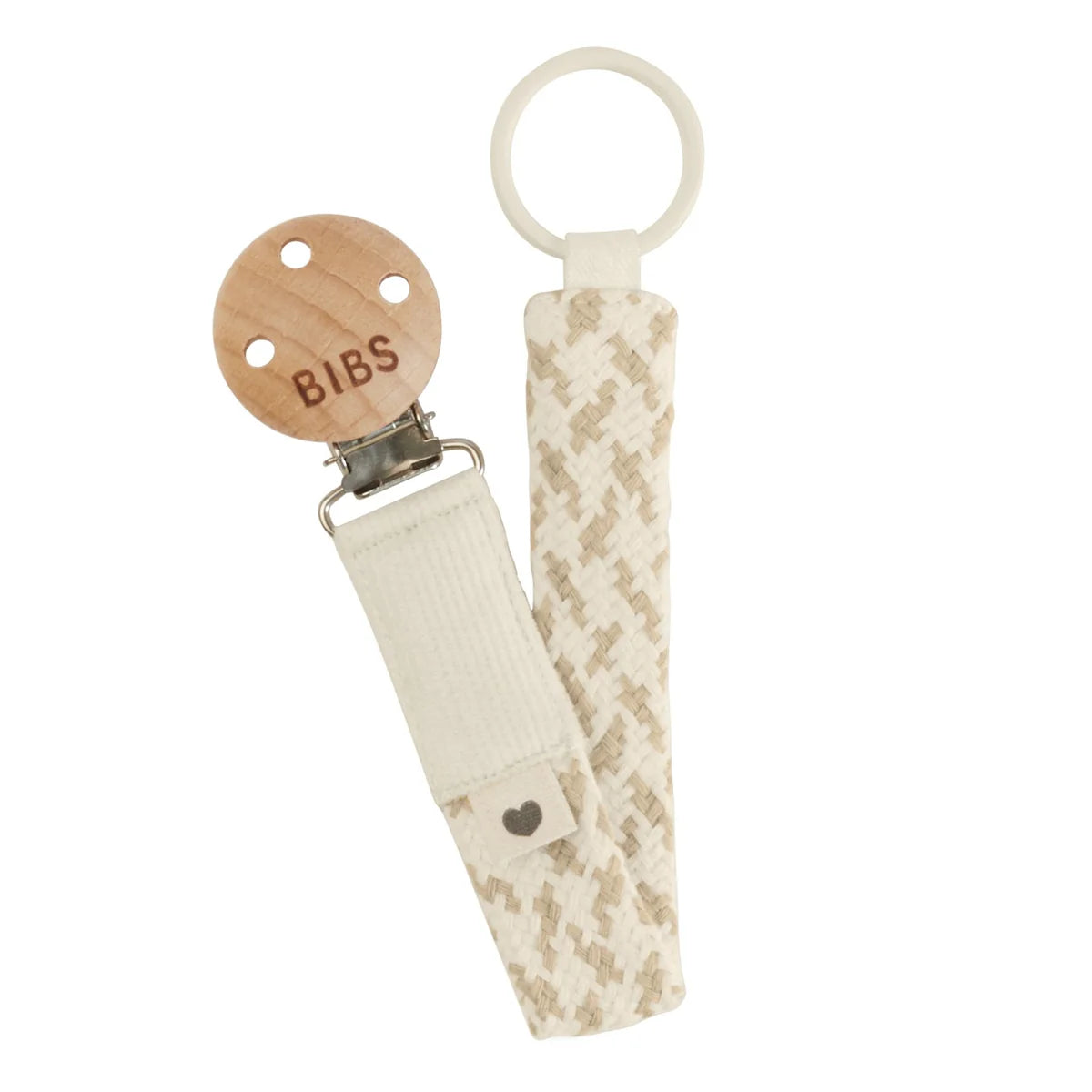BIBS pacifier clip with wooden pacifier and patterned strap on a white background