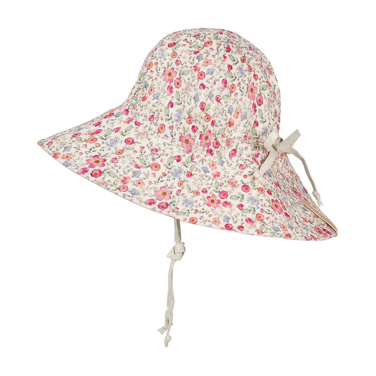 A wide-brimmed sun hat with a dense small floral print on a cream background, featuring a light beige chin cord tied in a bow on the side.