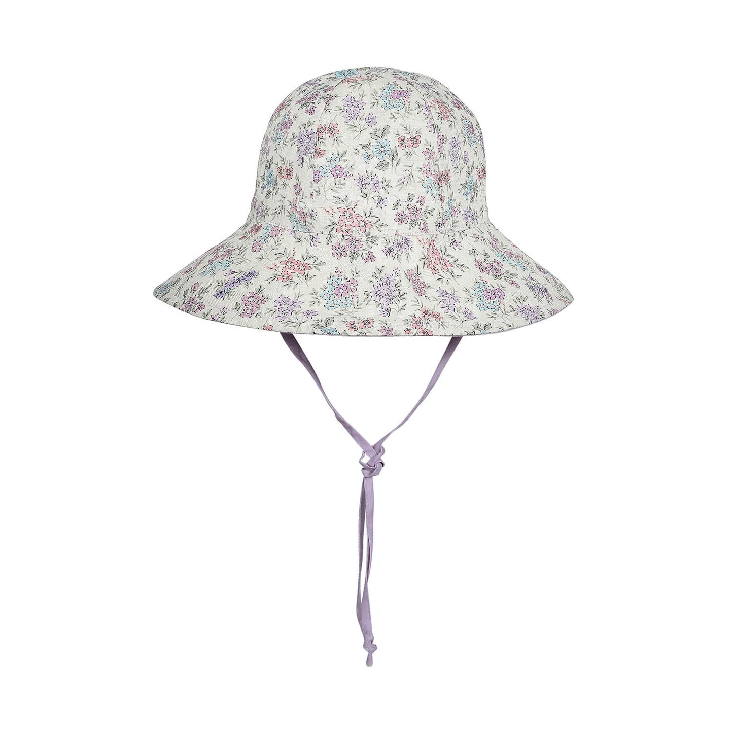 Floral patterned sun hat with a tie on a white background