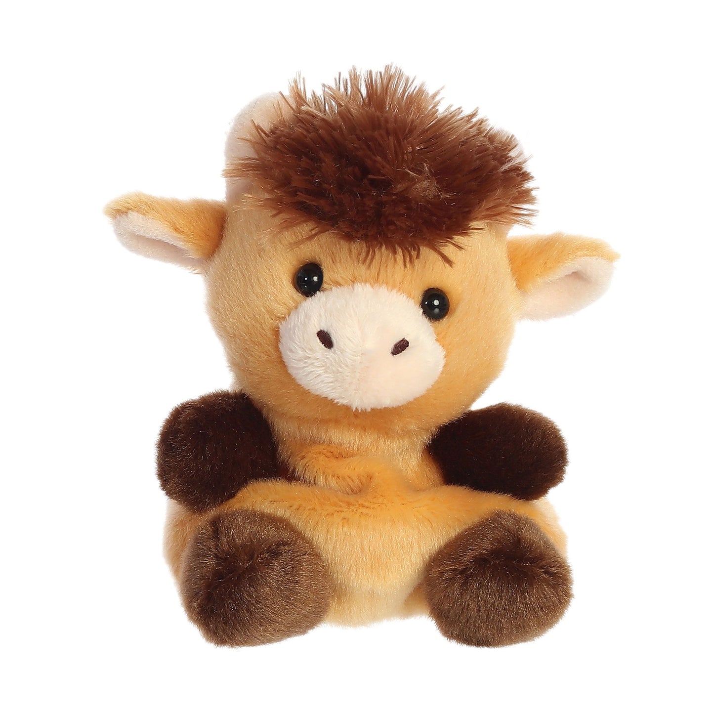 Plush toy giraffe with brown and beige fur on a white background