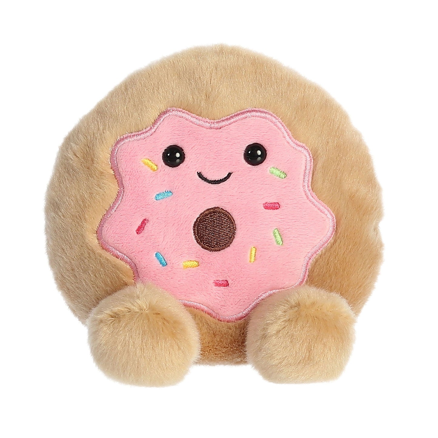 Plush toy shaped like a donut with a smiling face on a white background