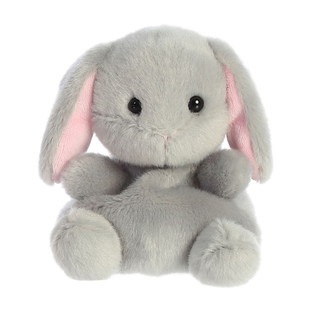 Gray plush bunny with pink ears on a white background