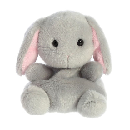 Gray plush bunny with pink ears on a white background