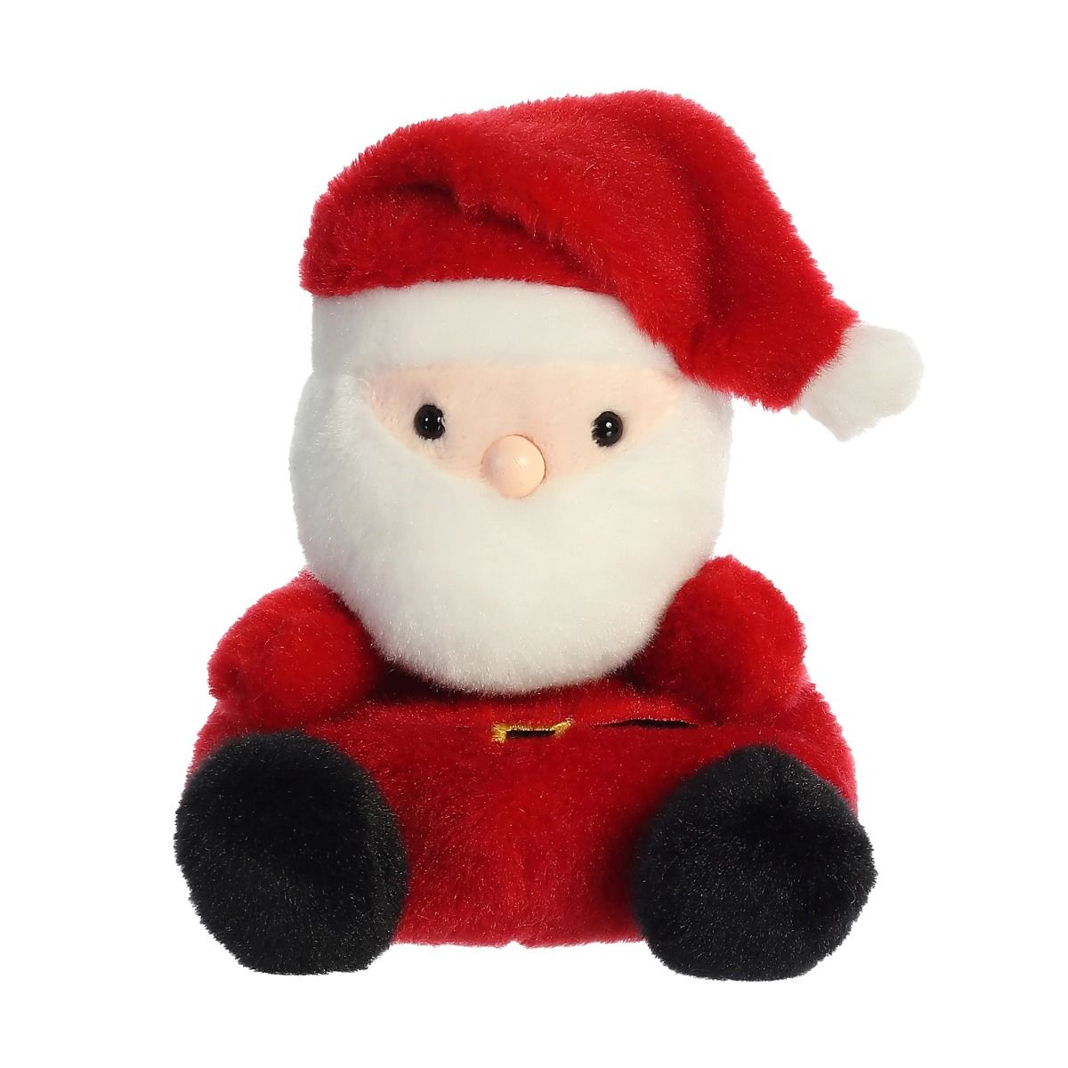Plush toy resembling Santa Claus with a red suit, white beard, and black shoes on a white background.