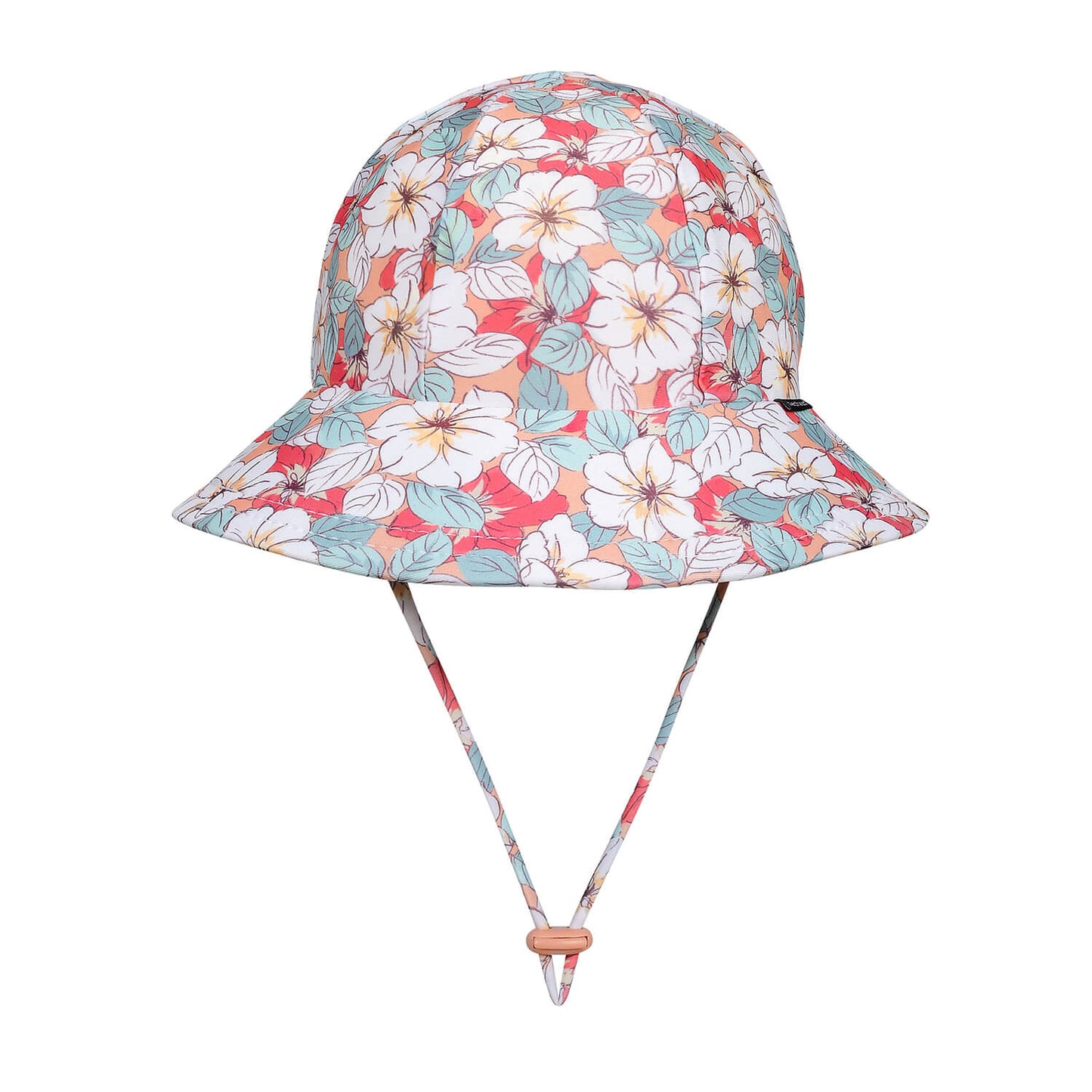 Floral patterned bucket hat with a strap on a white background