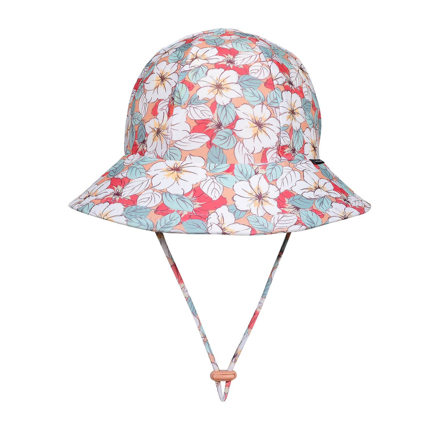 Floral patterned bucket hat with a strap on a white background