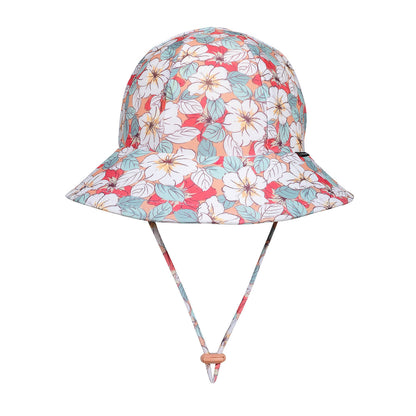 Floral patterned bucket hat with a strap on a white background