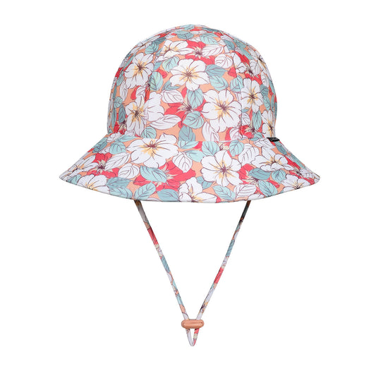 Floral patterned bucket hat with a strap on a white background