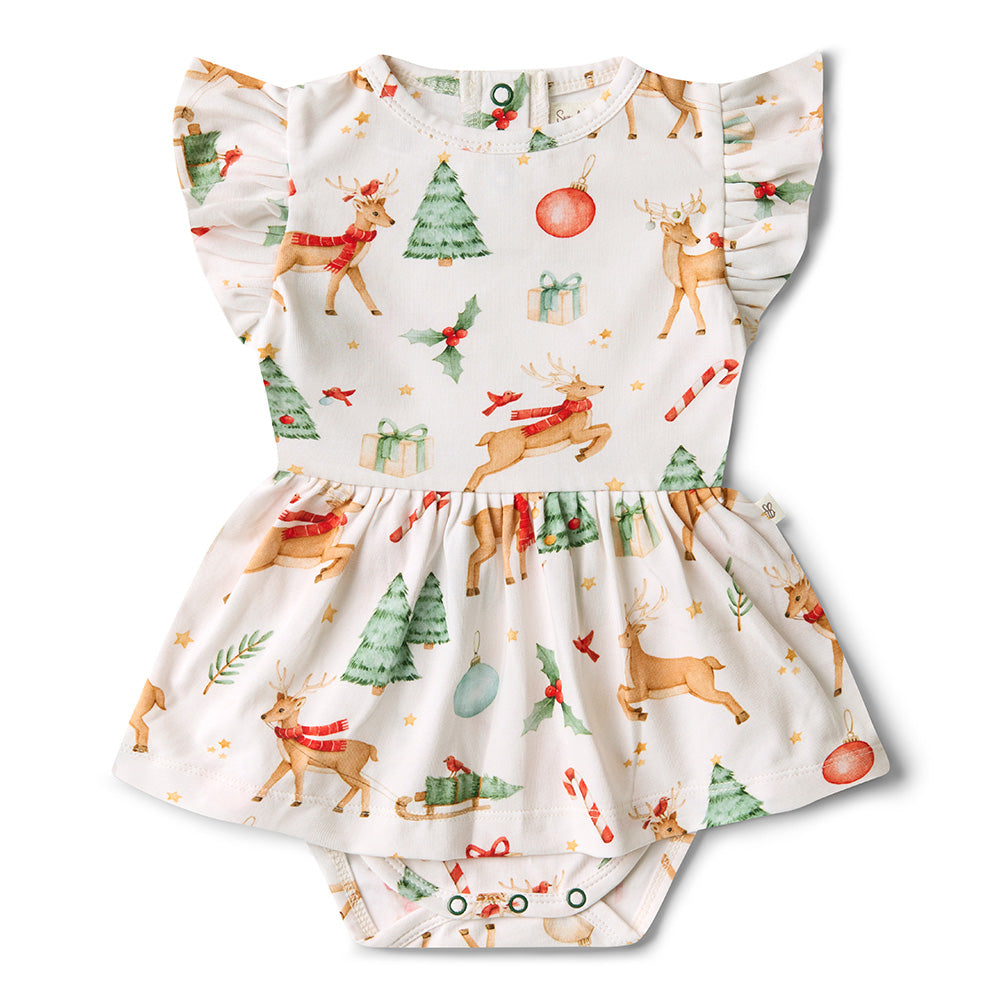 Children's romper with Christmas-themed pattern on a white background