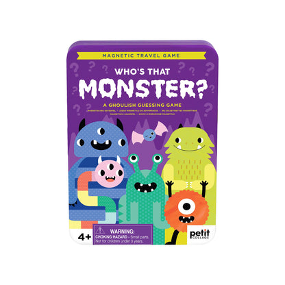 Monster-themed magnetic travel game packaging with colorful monsters on a purple background.