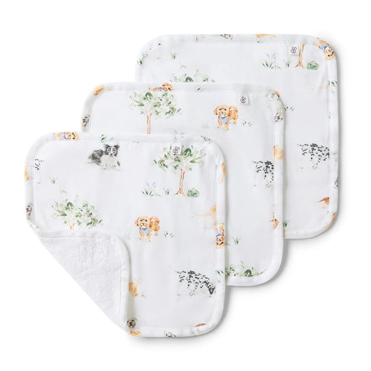 Three baby wipes with animal print on a white background