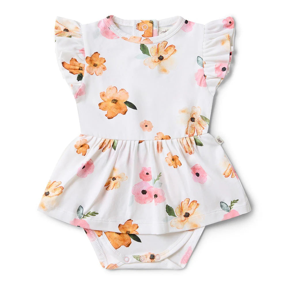 Floral baby romper with ruffled sleeves on a white background