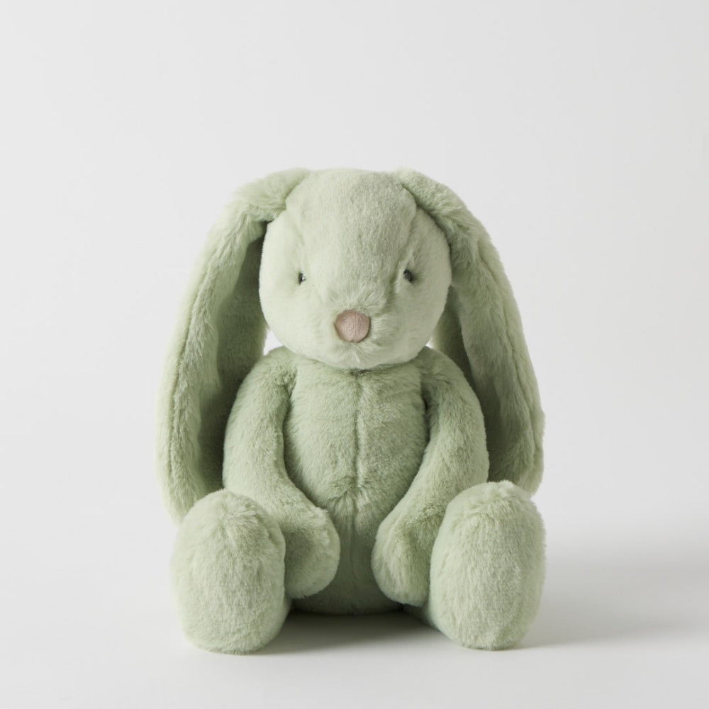 Green plush bunny toy on a white background