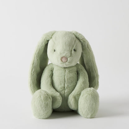 Green plush bunny toy on a white background