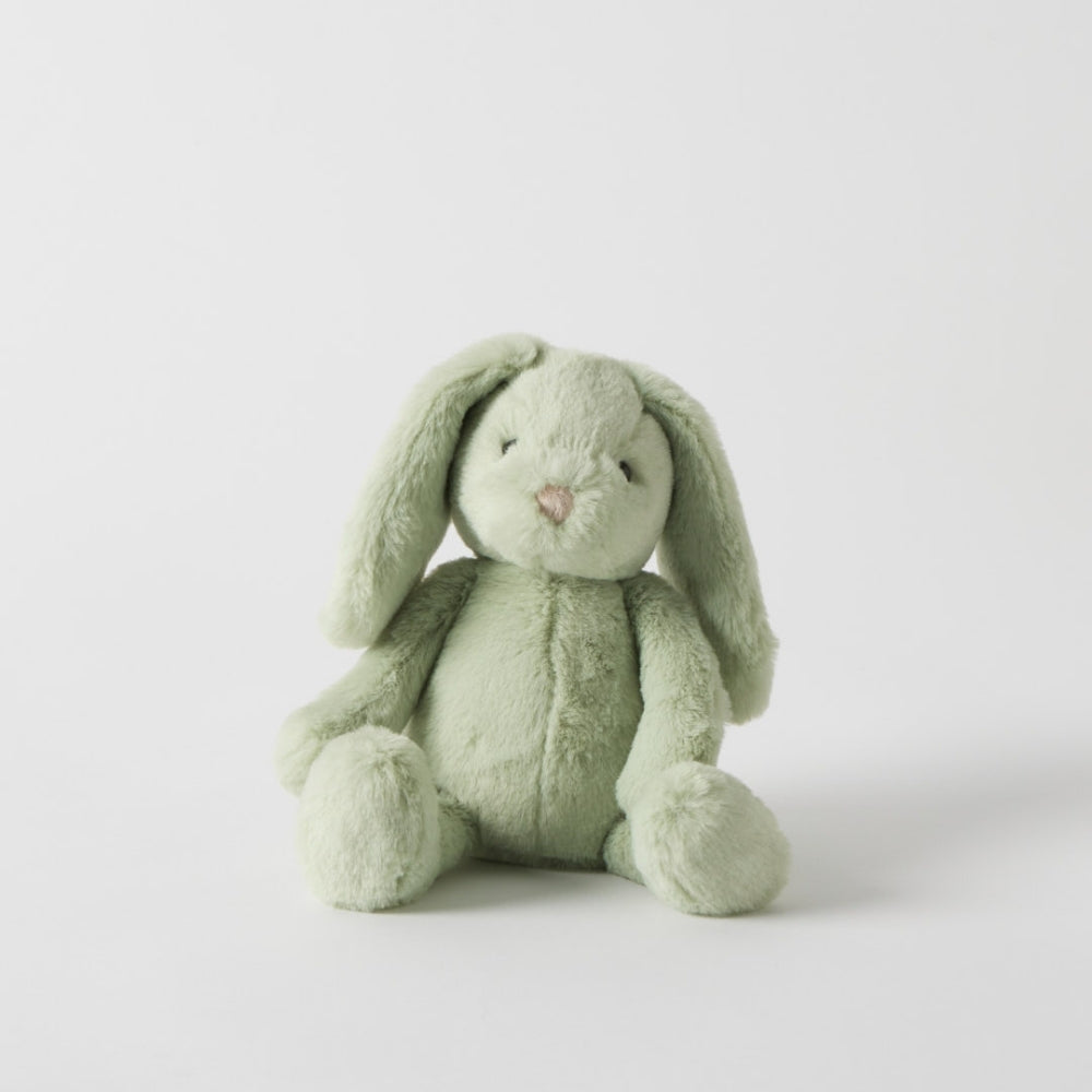 Green plush bunny toy on a white background