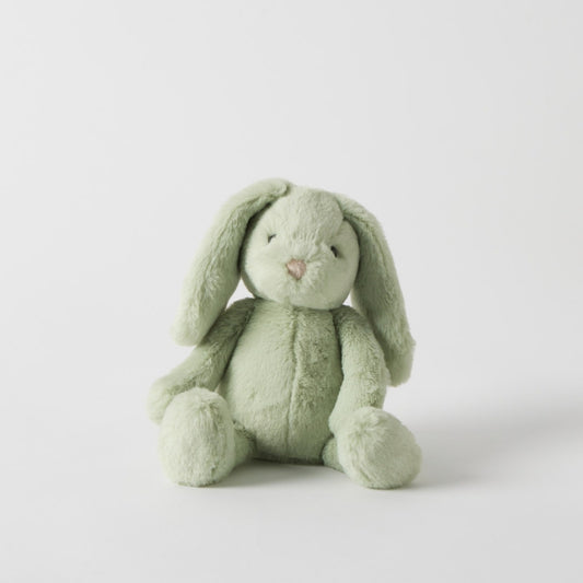 Green plush bunny toy on a white background