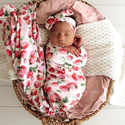 Snuggle Hunny Jersey Wrap and Headband Set - Strawberry