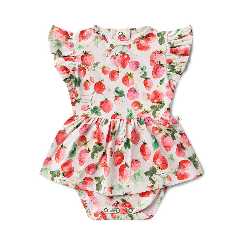 Baby romper with strawberry pattern on a white background