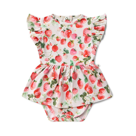 Baby romper with strawberry pattern on a white background