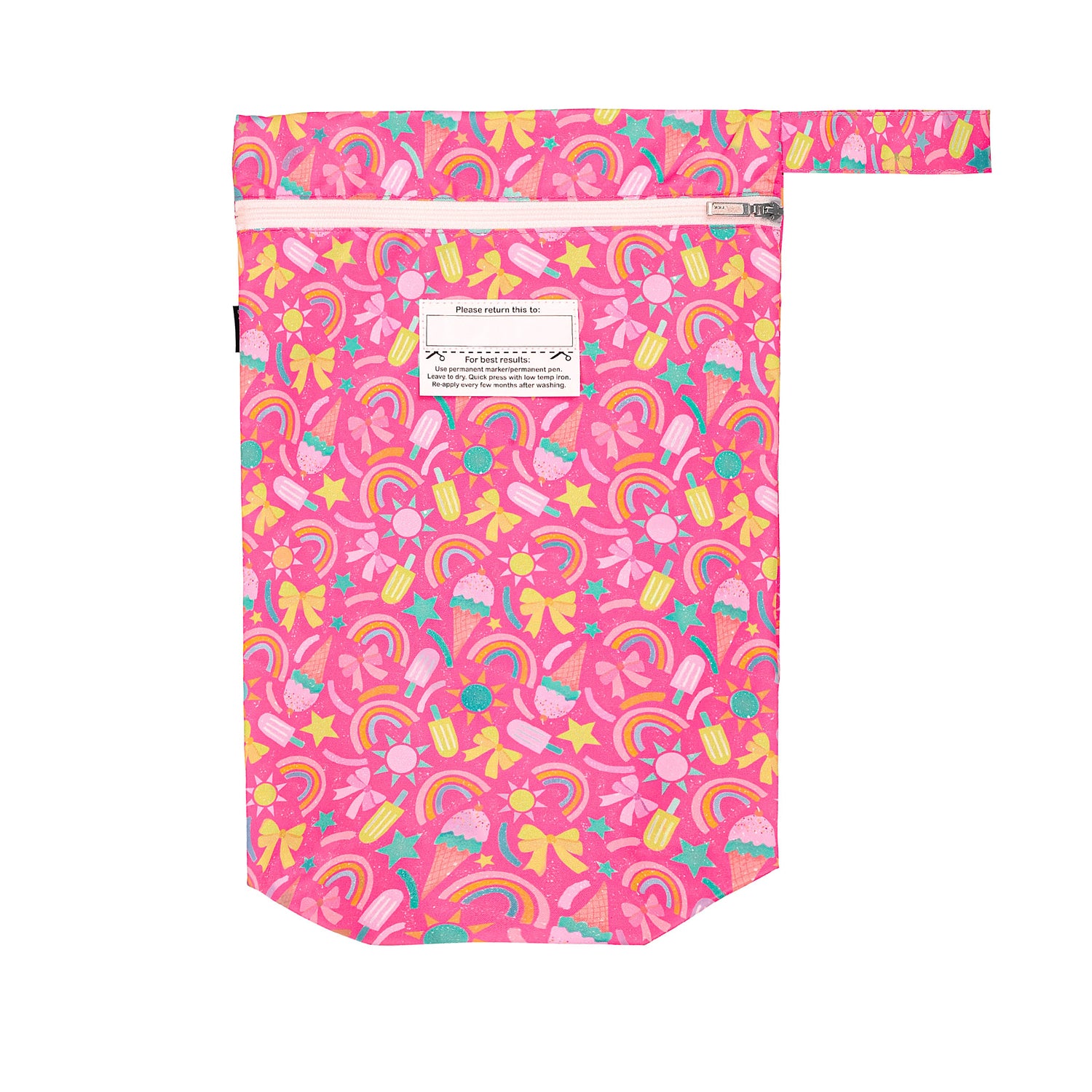 Pink pouch with colorful patterns on a white background