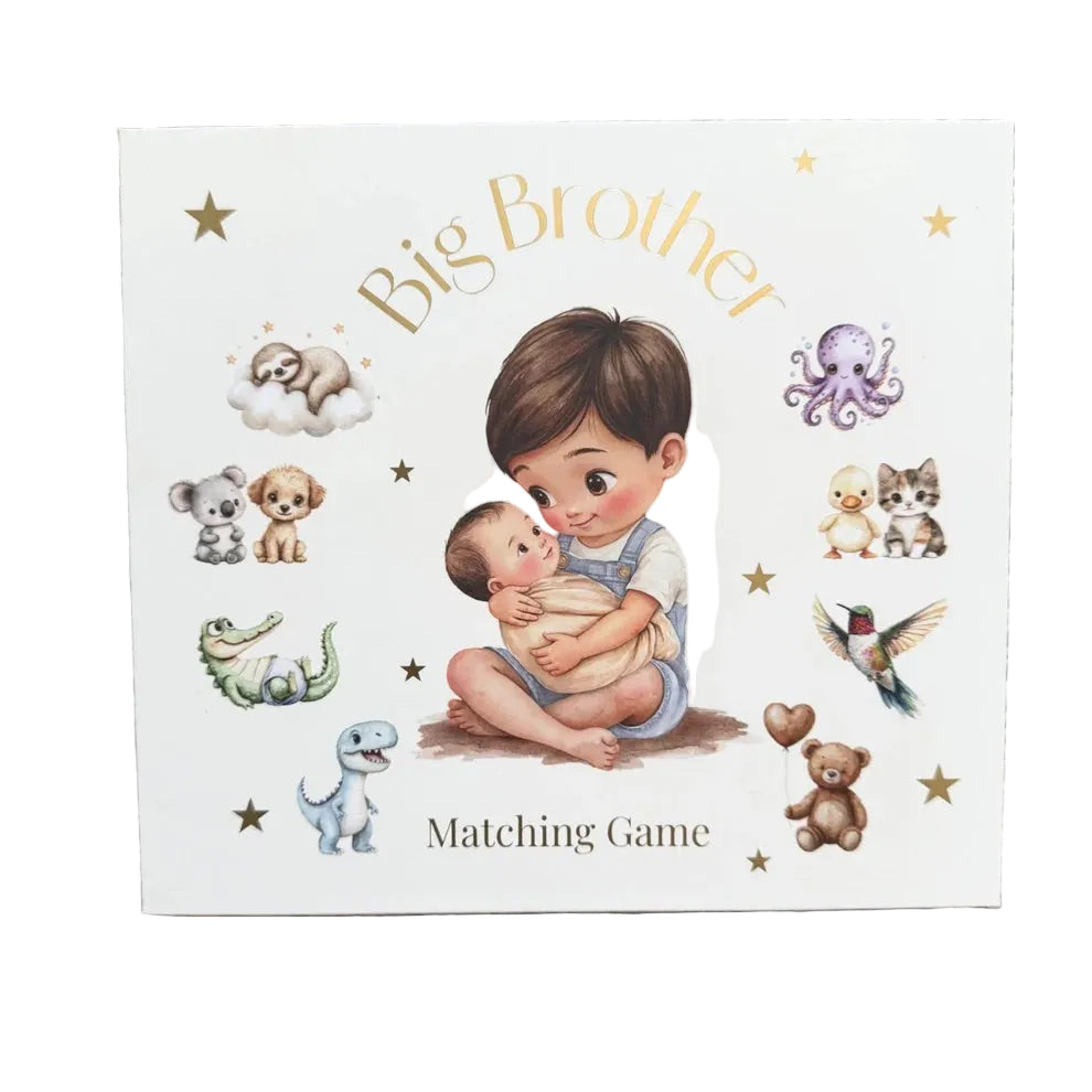 Big Brother matching game book with illustrations on a textured surface