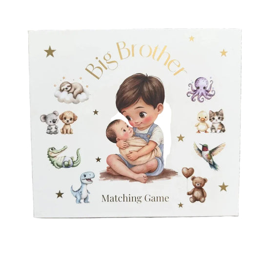 Big Brother matching game book with illustrations on a textured surface