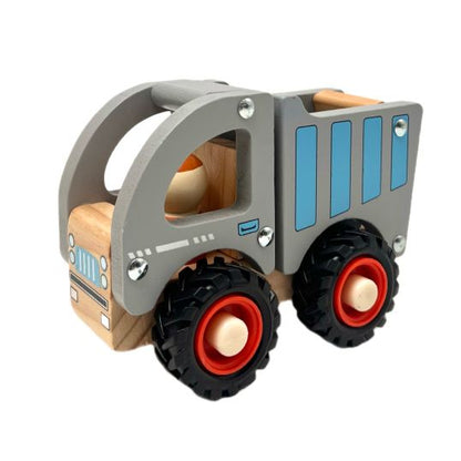 Wooden toy truck with gray bed, black wheels with red centers, and blue panels on a white background