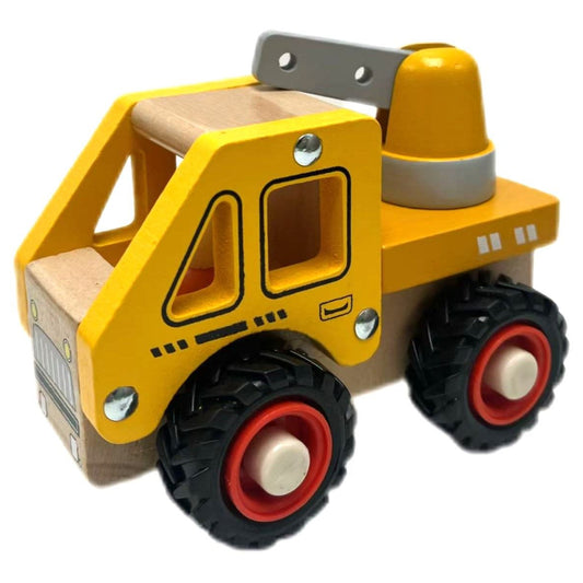 Toy construction vehicle with yellow body, black wheels with red centers, and wooden accents on a white background.