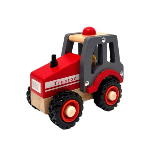 Wooden toy tractor with red and black details on a white background